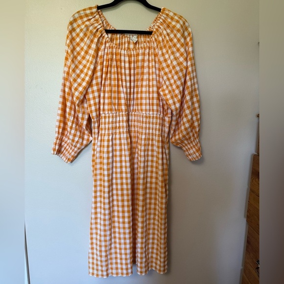 Orange Gingham NEW without tags off the shoulder midi Dress with pockets - Picture 1 of 12